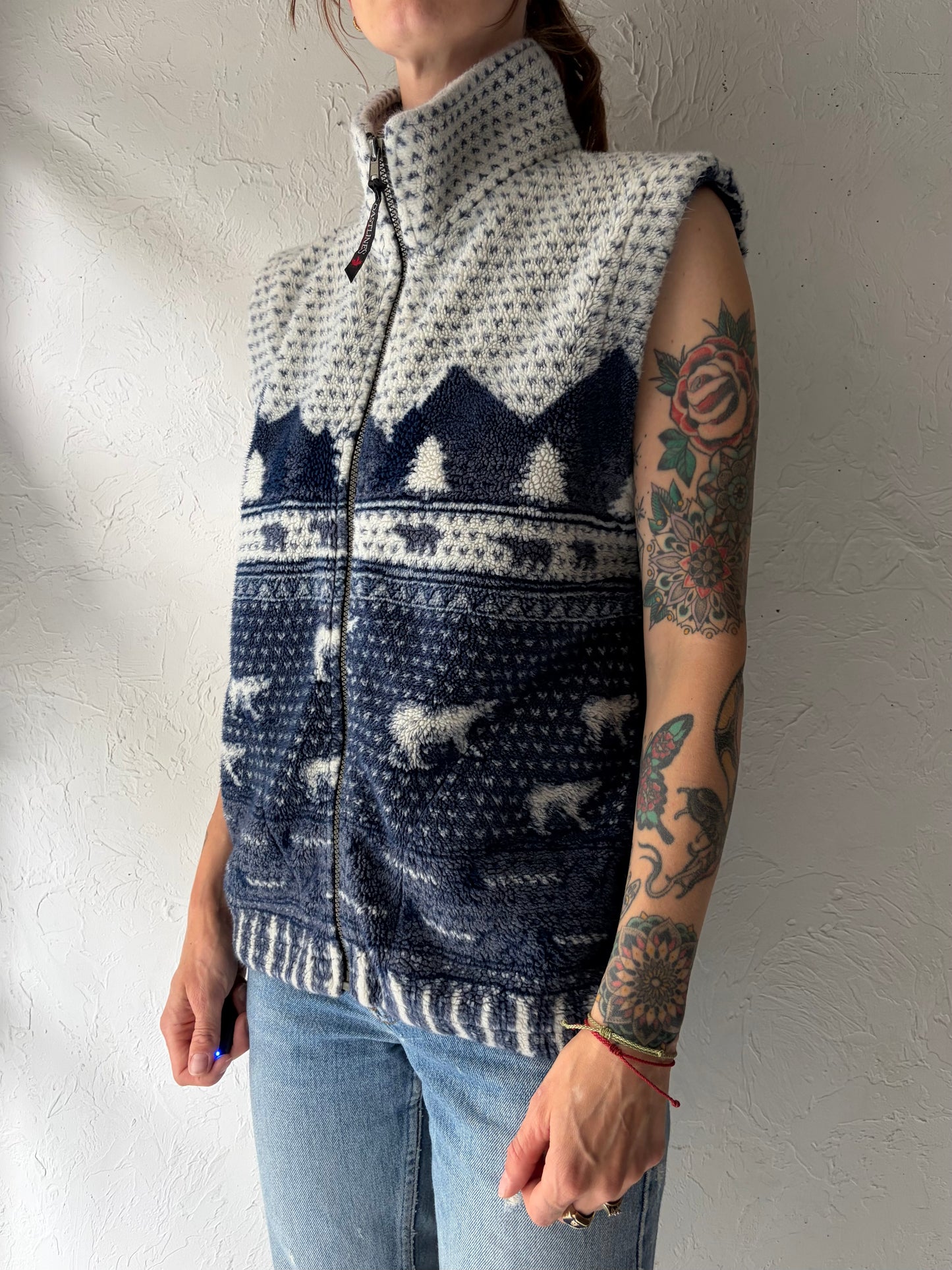 Vintage 'Coastlines' Tree Pattern Fleece Vest / Small