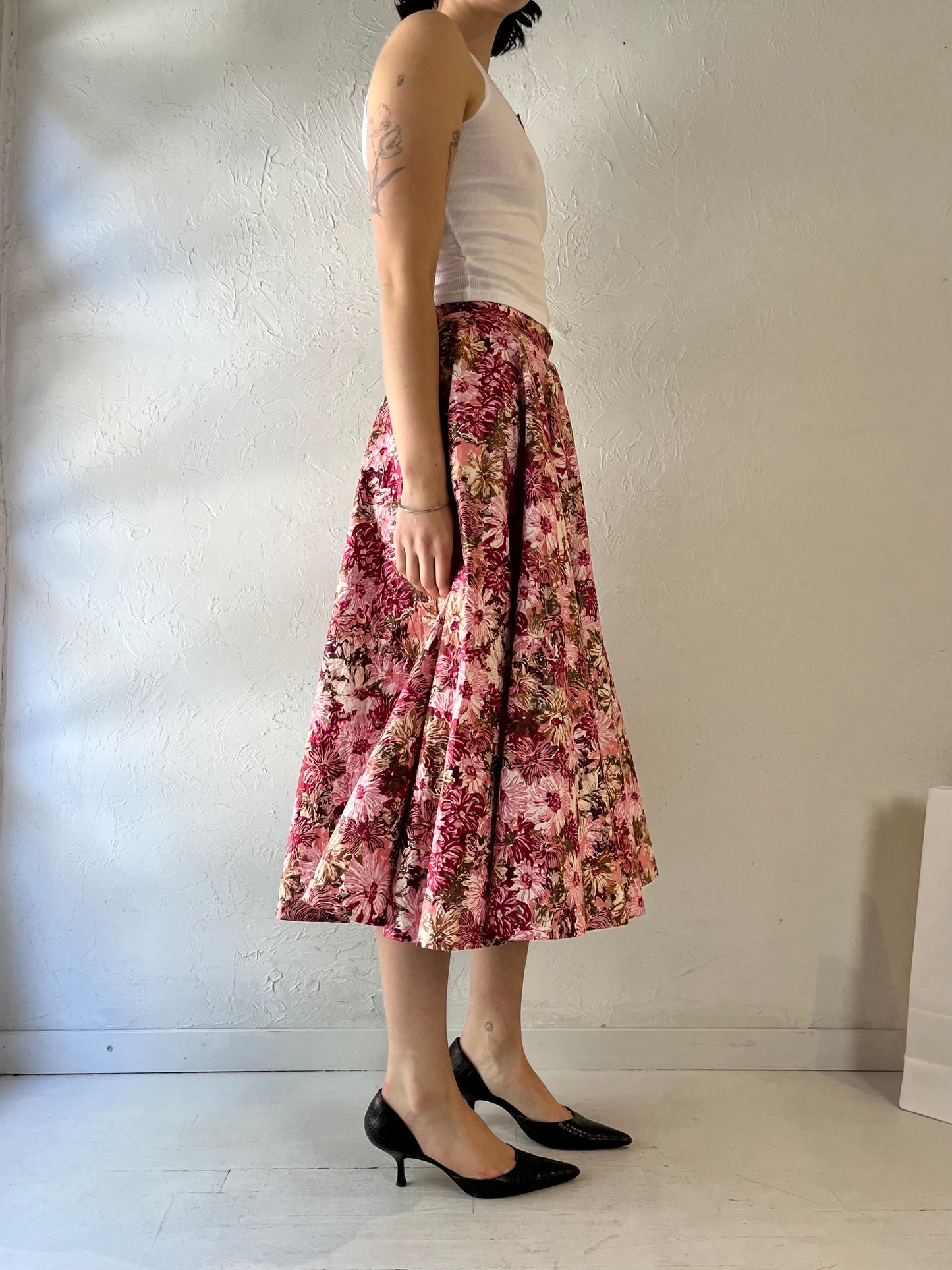 Vintage Handmade Pink Floral Midi Skirt / Small