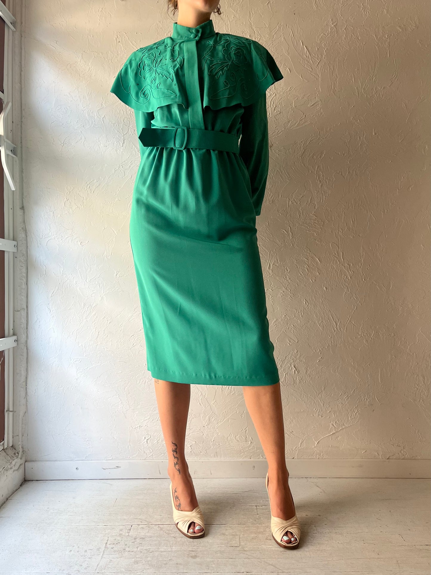 80s 'Eric Ryan' Green Retro Long Sleeve Spring Midi Shirt Dress / Medium