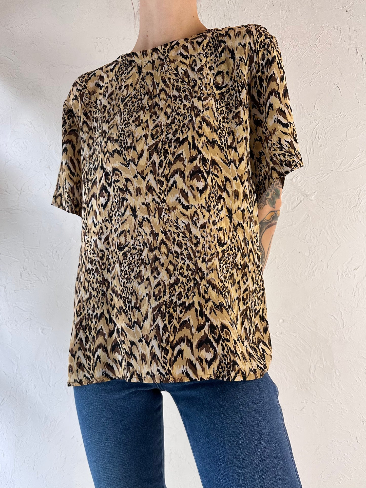 90s 'GB Studio' Leopard Print Silk Top / Large