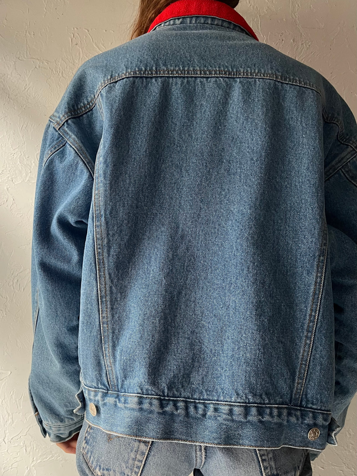 90s 'Mod International' Denim Red Fleece Lined Grunge Streetwear Trucker Jean Jacket / Large