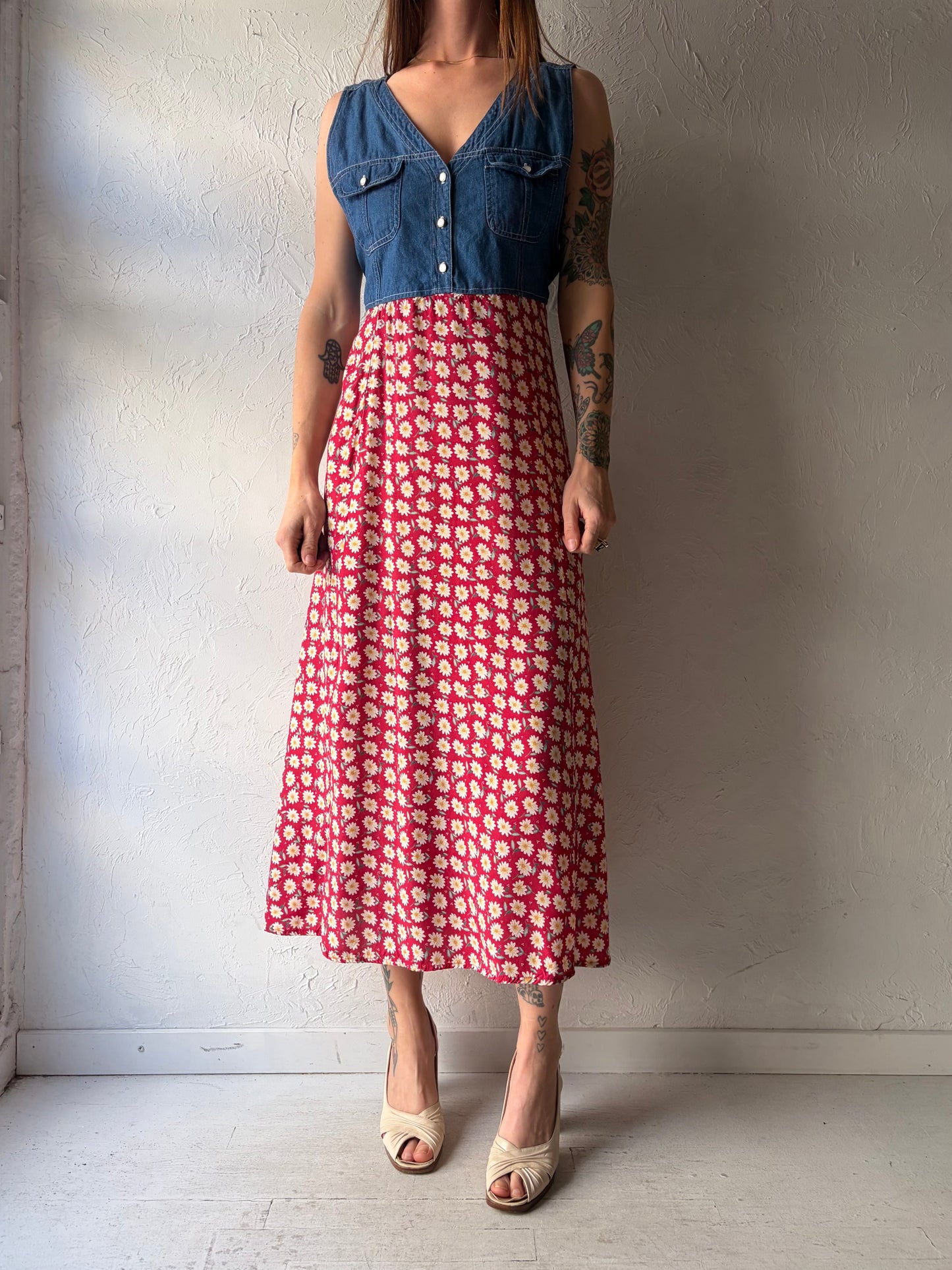 90s 'Erika' Floral Denim Western Midi Dress / Large