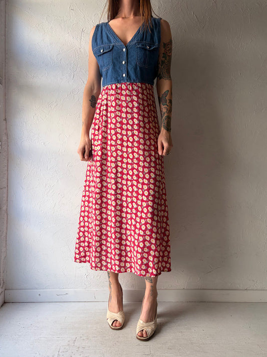90s 'Erika' Floral Denim Western Midi Dress / Large