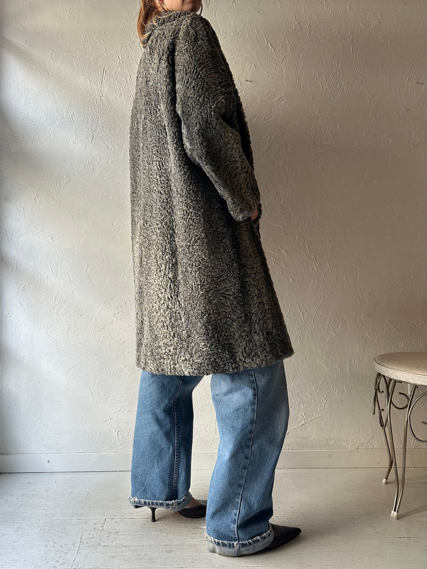 70s 'New York Furs' Grey Persian Lambs Wool Coat / Medium