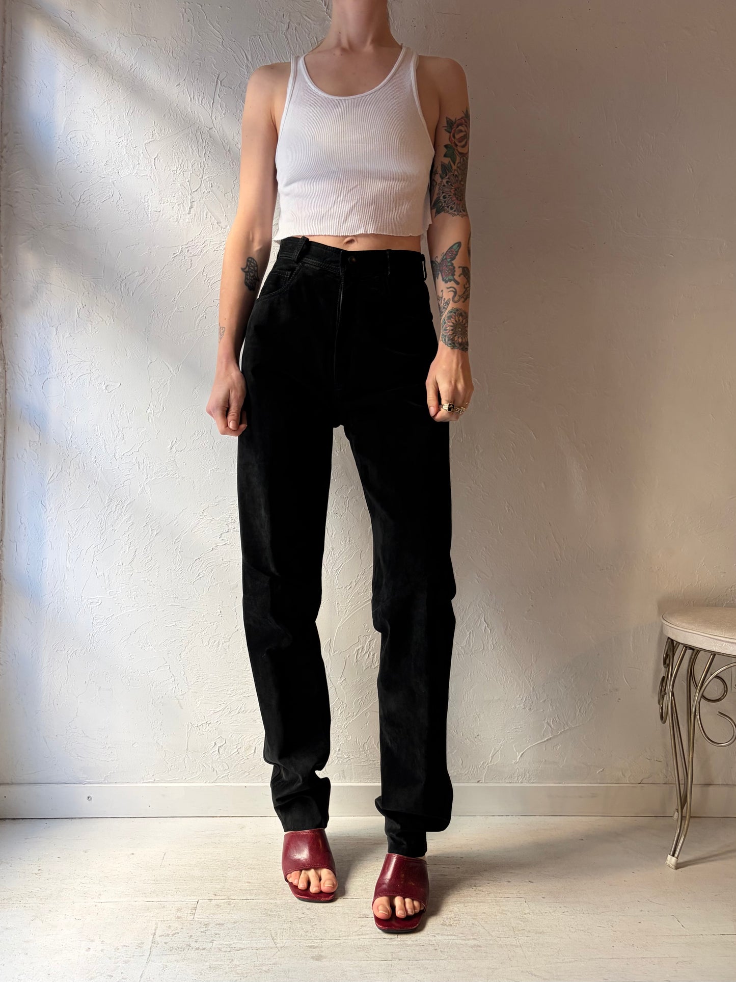 90s 'Danier' Black Suede Leather Pants / Small