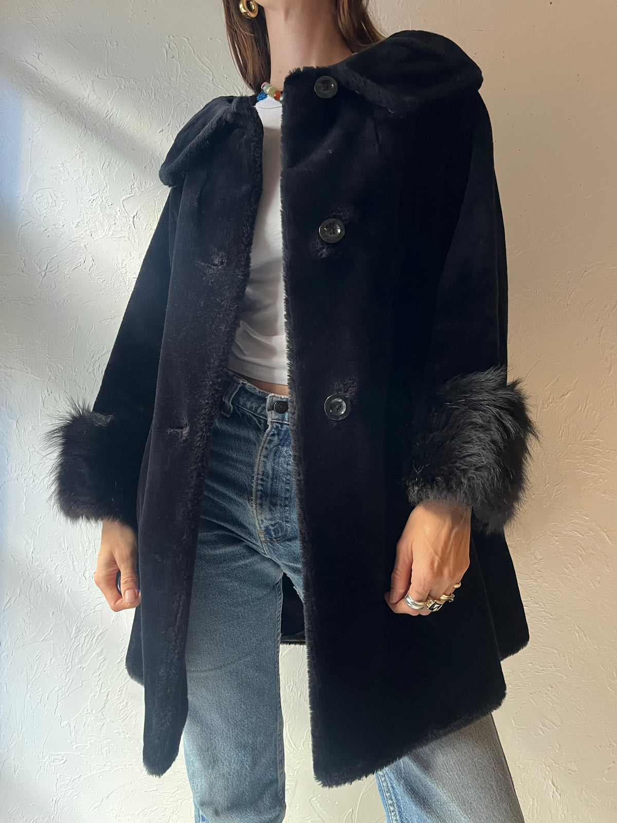 80s ‘Glamasale’ Black Faux Fur Mob Wife Glam Winter Outerwear Jacket / Small