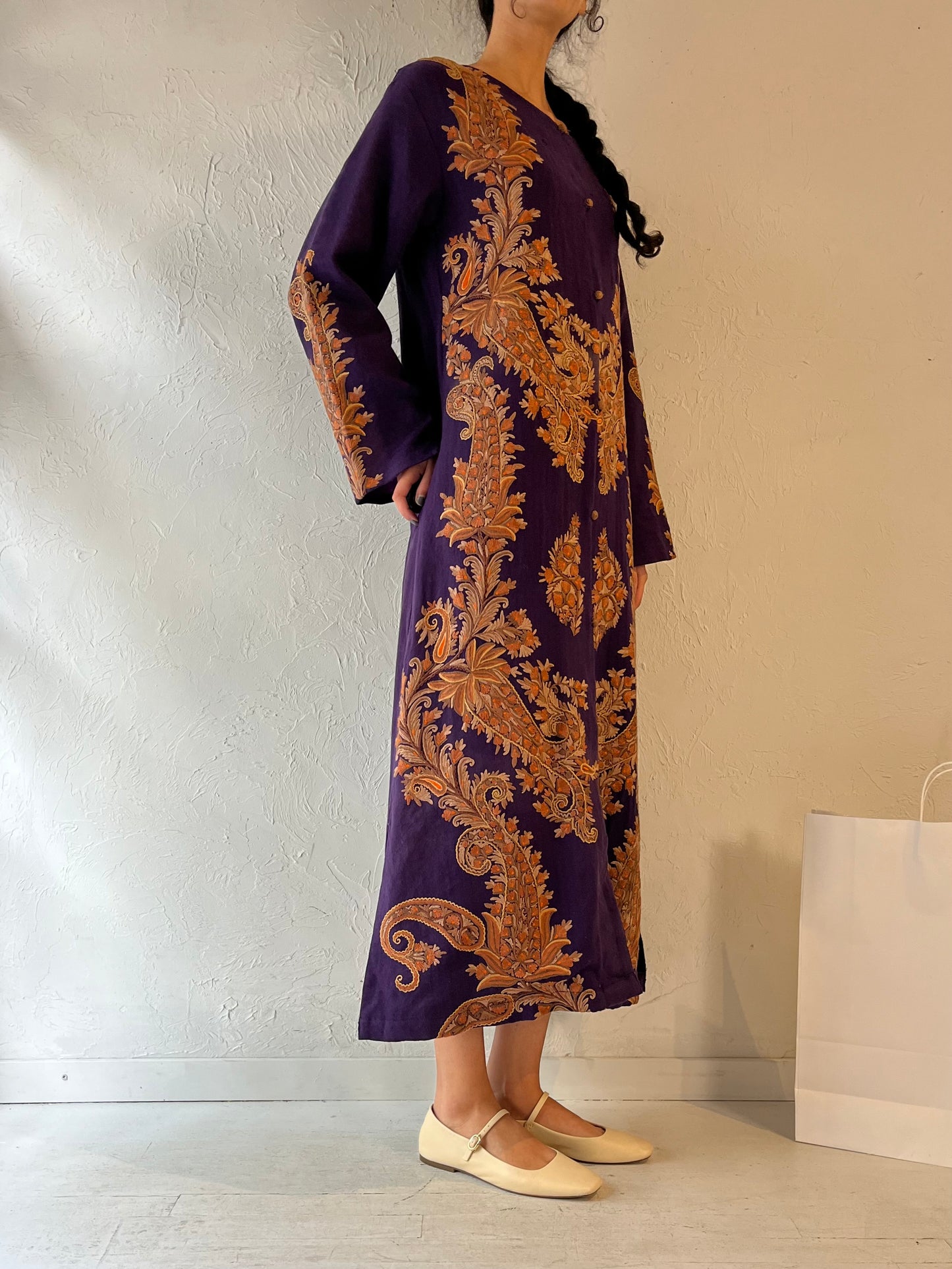 70s Long Purple Embroidered Cloak Coat / Medium