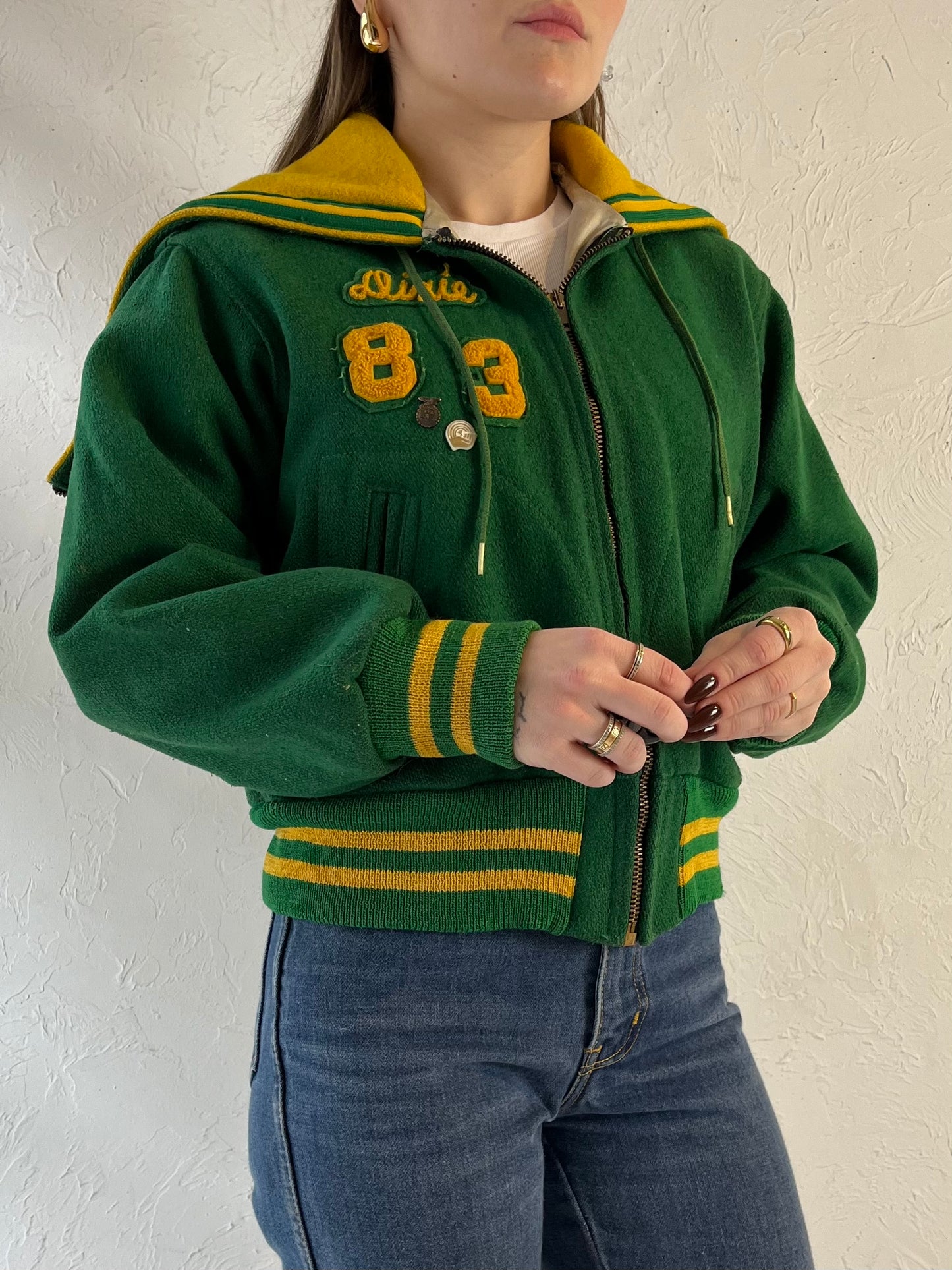 70s Youth Green Wool Varsity Jacket / Union Made / Small