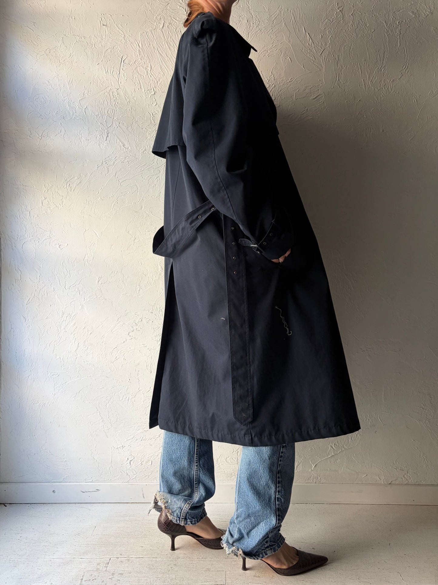 90s 'Moores' Navy Normcore Trench Coat / Vintage 1990s Classic Minimalist Outerwear / Large