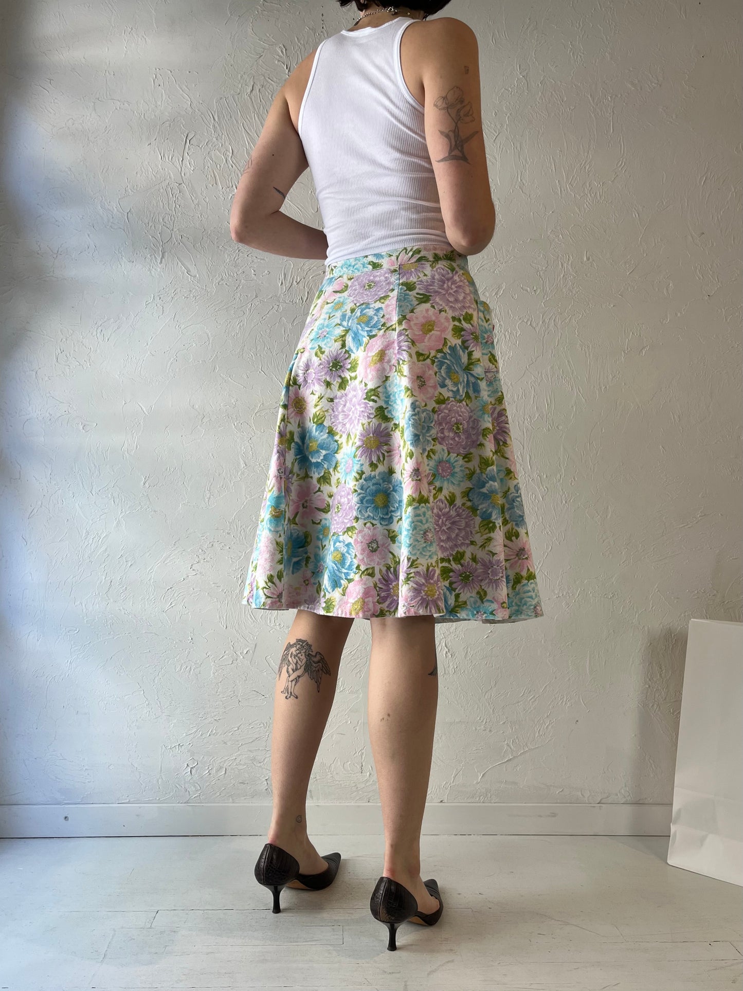 Vintage Handmade Pastel Floral Midi Skirt / Small