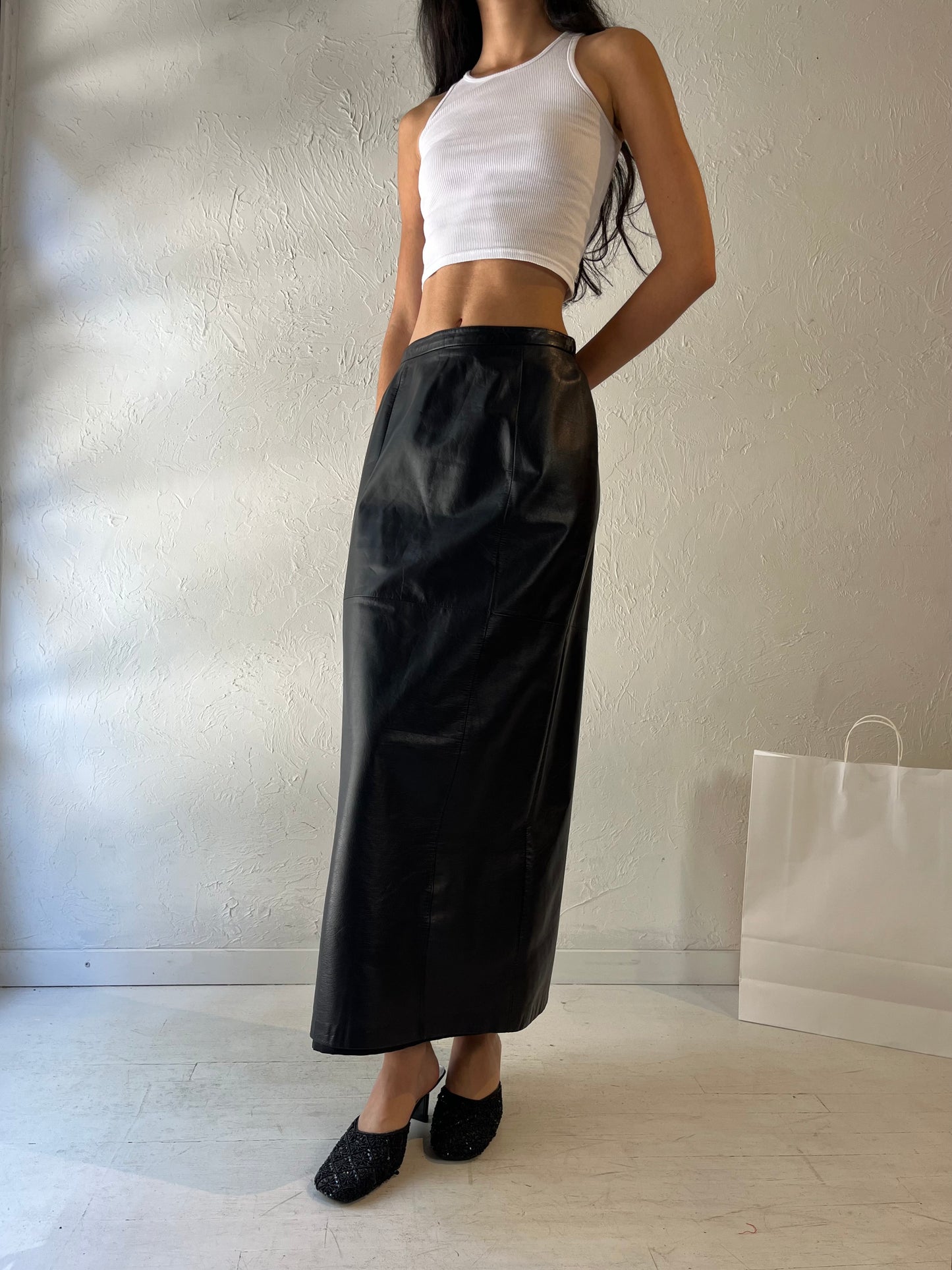 90s 'Danier' Long Black Leather Pencil Skirt / Small - Medium