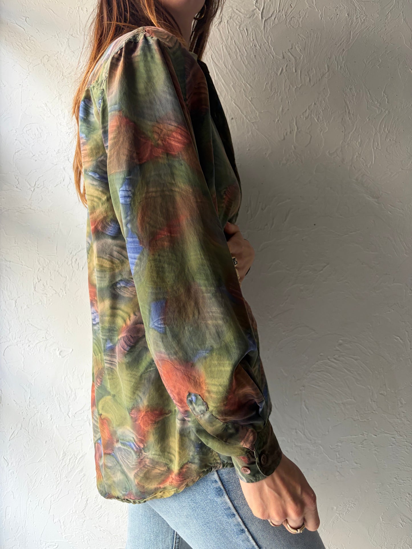90s 'Lady Footlocker' Green Silk Blouse / Medium