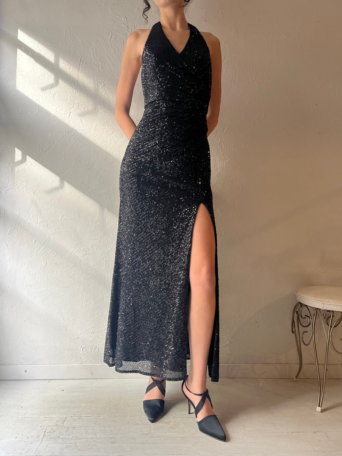 Y2k 'Morgan & Co' Black Sparkly Halter Dress / Small