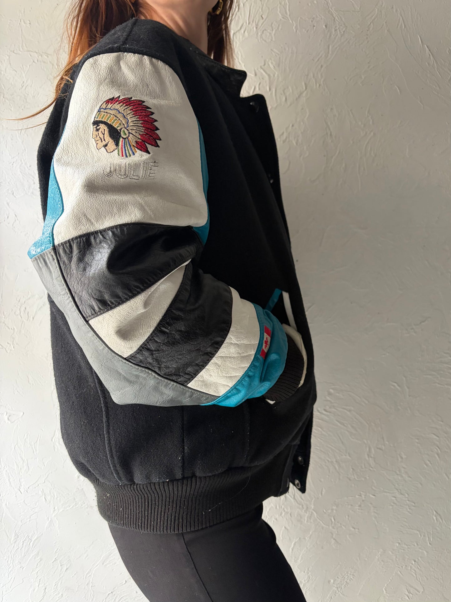 90s Collegiate Leather Wool Bomber Jacket / Medium - Large