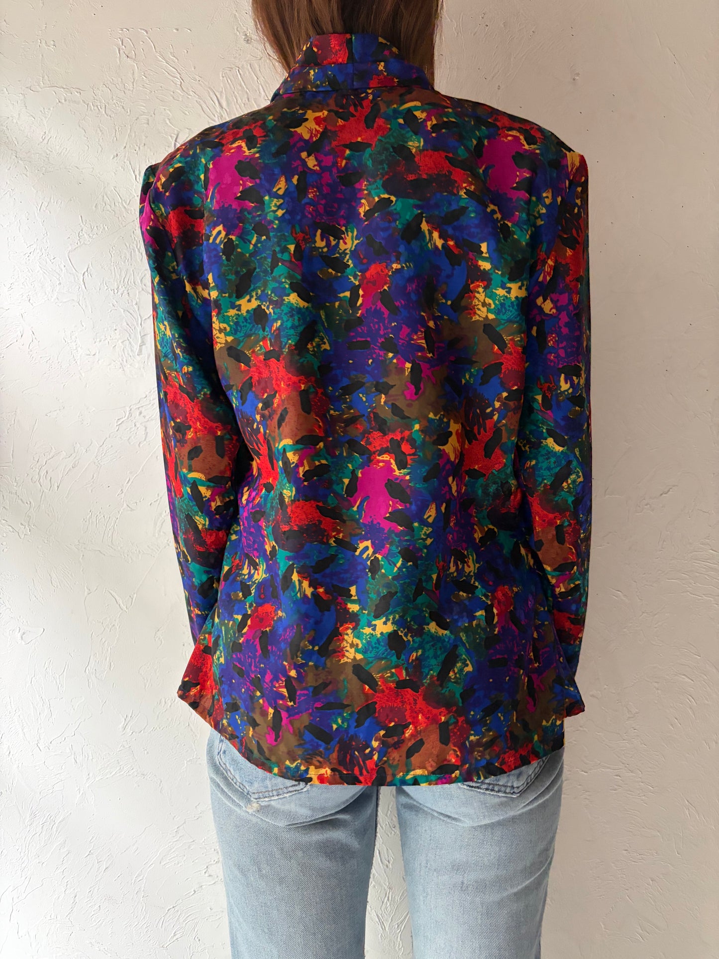 90s 'Fathena' Retro Patterned Office Wear Blouse / Medium
