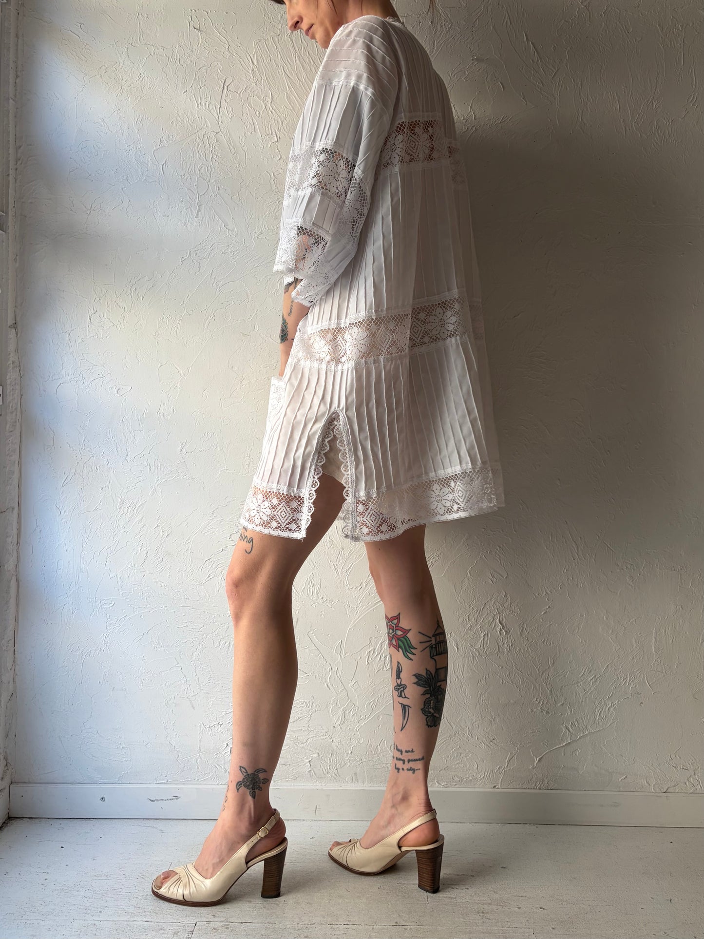 70s White Lace Button Up Blouse / Beach Cover Up / Large