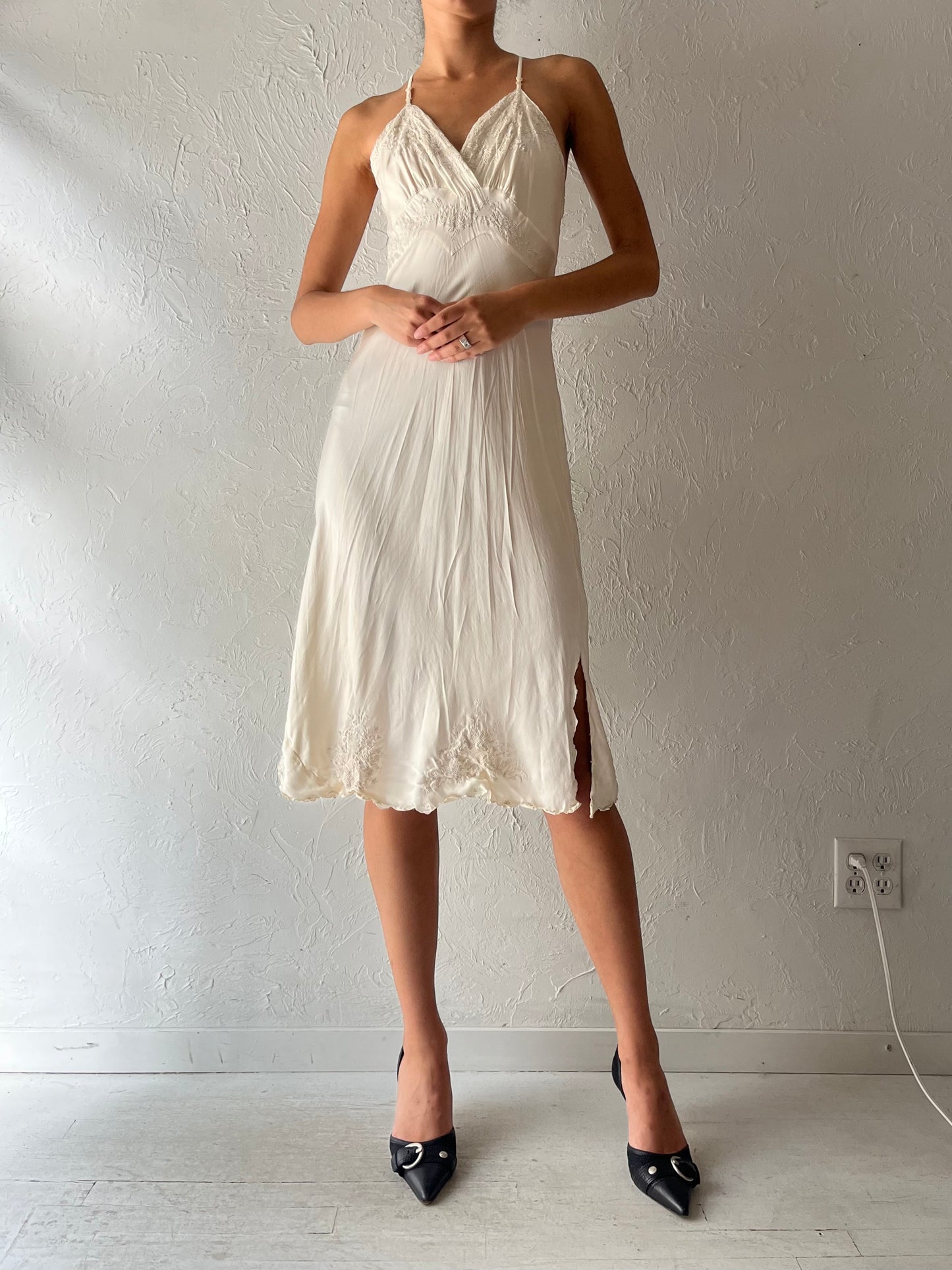 Vintage White Embroidered Romantic Boho Bridal Slip Dress / Cottagecore Prairie Summer Midi Dress / Small