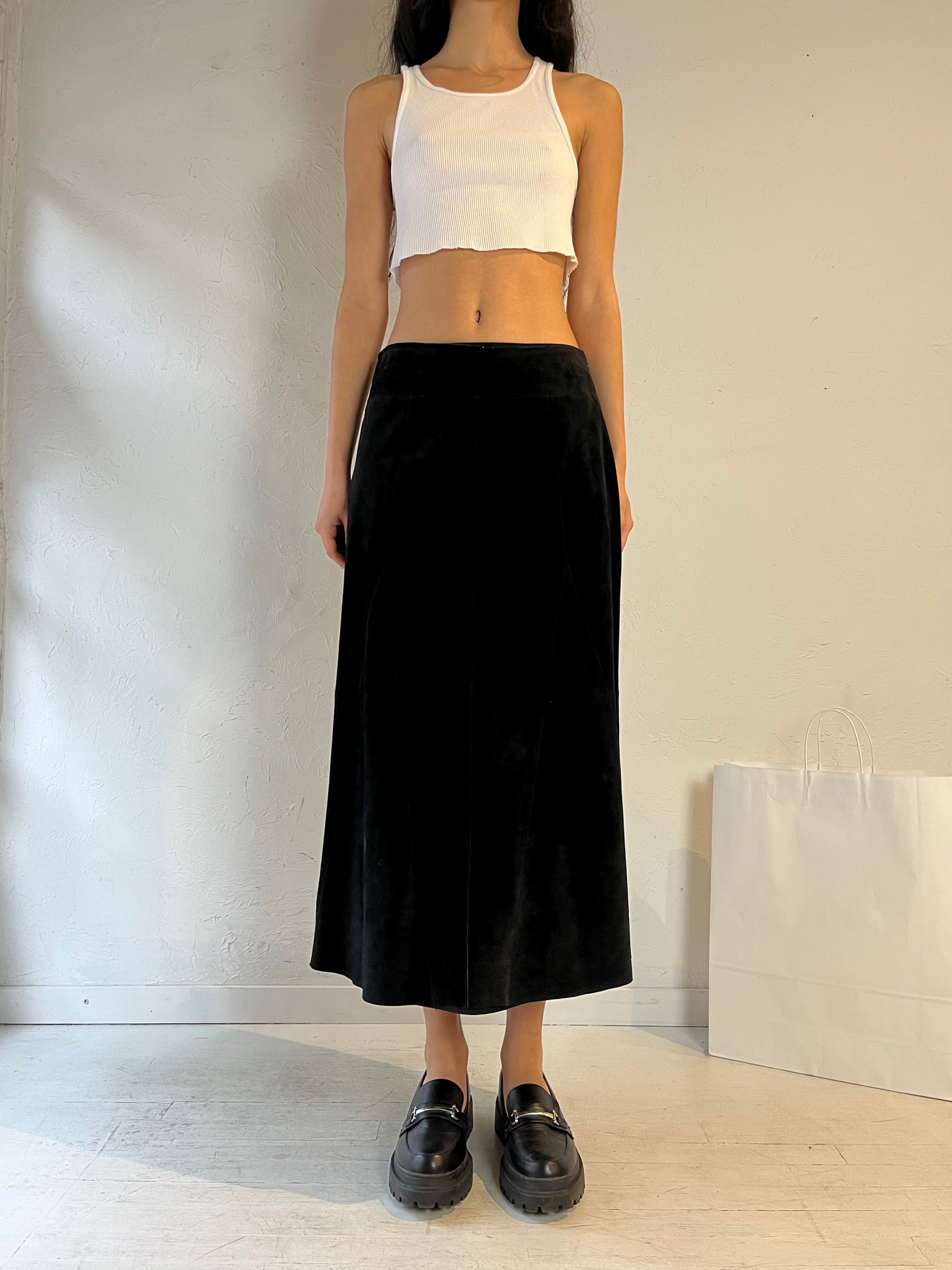 90s ‘Valerie Steven’s’ Black Suede Leather Midi Skirt / Small