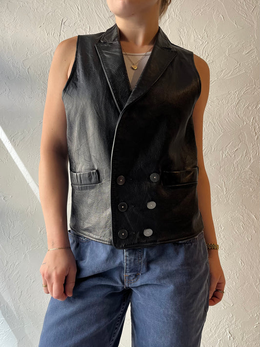 Vintage Black Leather Vest / Medium