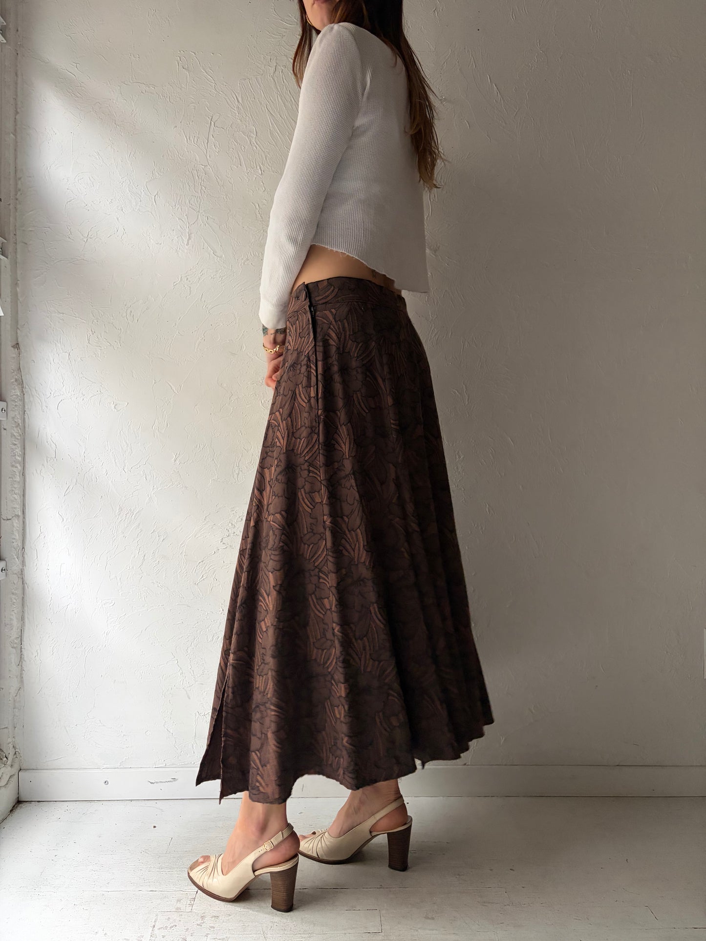 80s 'Magic Moments' Brown Floral Academia A-line Midi Spring Summer Skirt / Medium