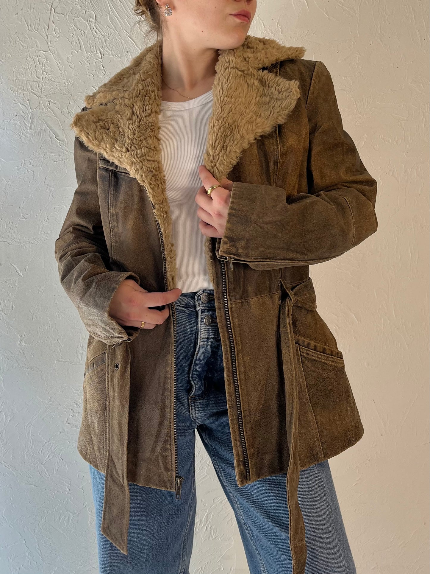 Y2k 'Winlit' Brown Leather Jacket with Faux Fur Trim / Small