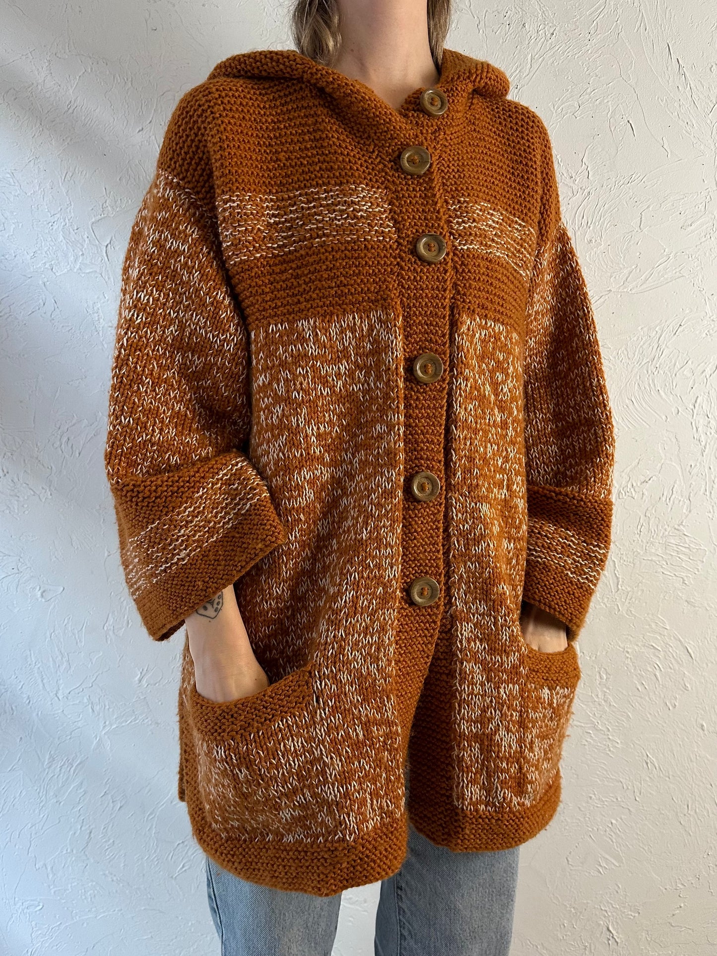 Vintage Orange Hand Knit Hooded Sweater / Medium