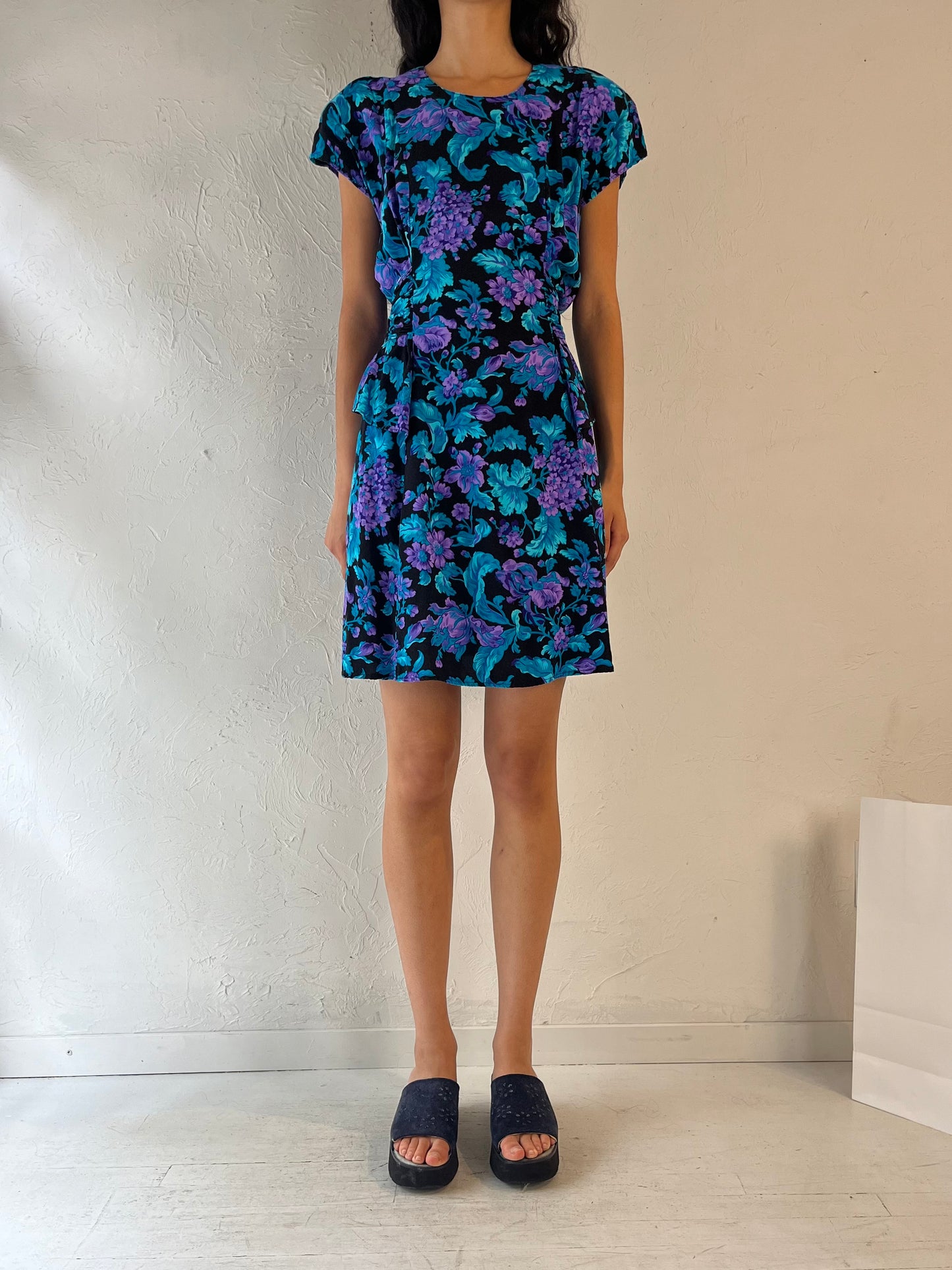 80s 'Vittoria Virini' Floral Print Rayon Dress / Medium