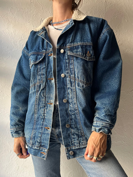 80s 'Tangerine' Faux Shearing Lined Denim Work Wear Classic Blue Trucker Jacket / Medium