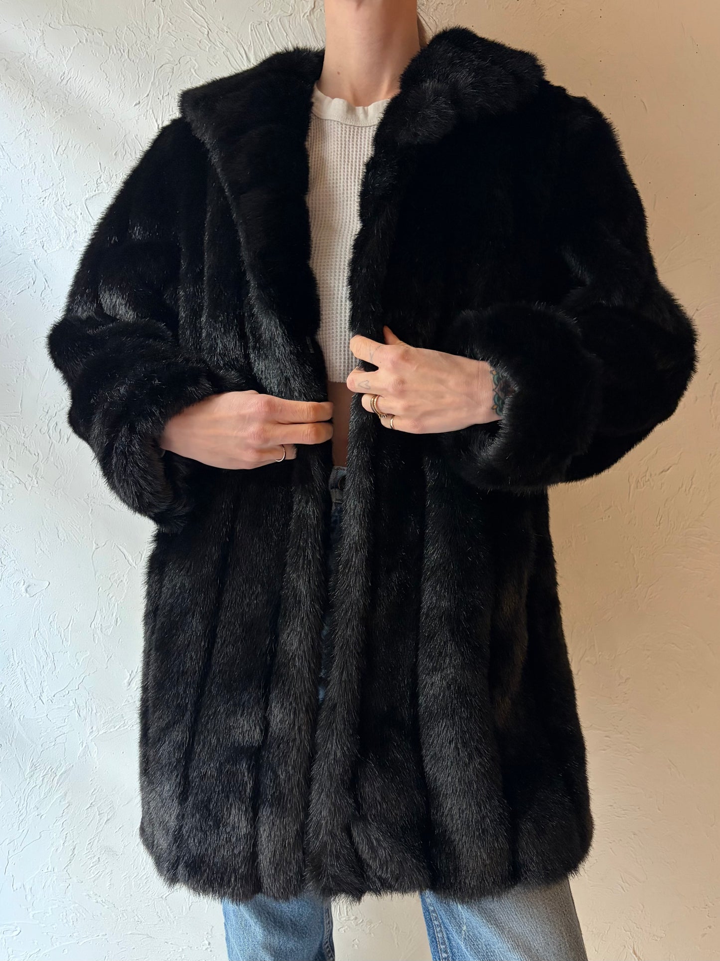 90s 'Dennis Basso' Black Faux Fur Jacket / XS