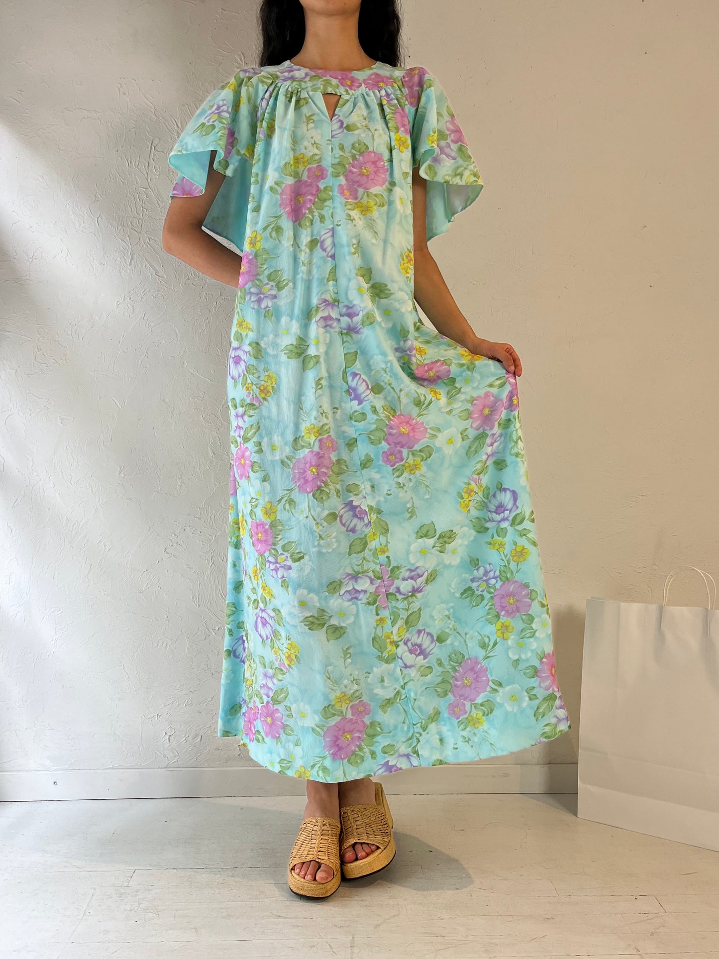 70s Handmade Blue Floral Kaftan Dress / Medium