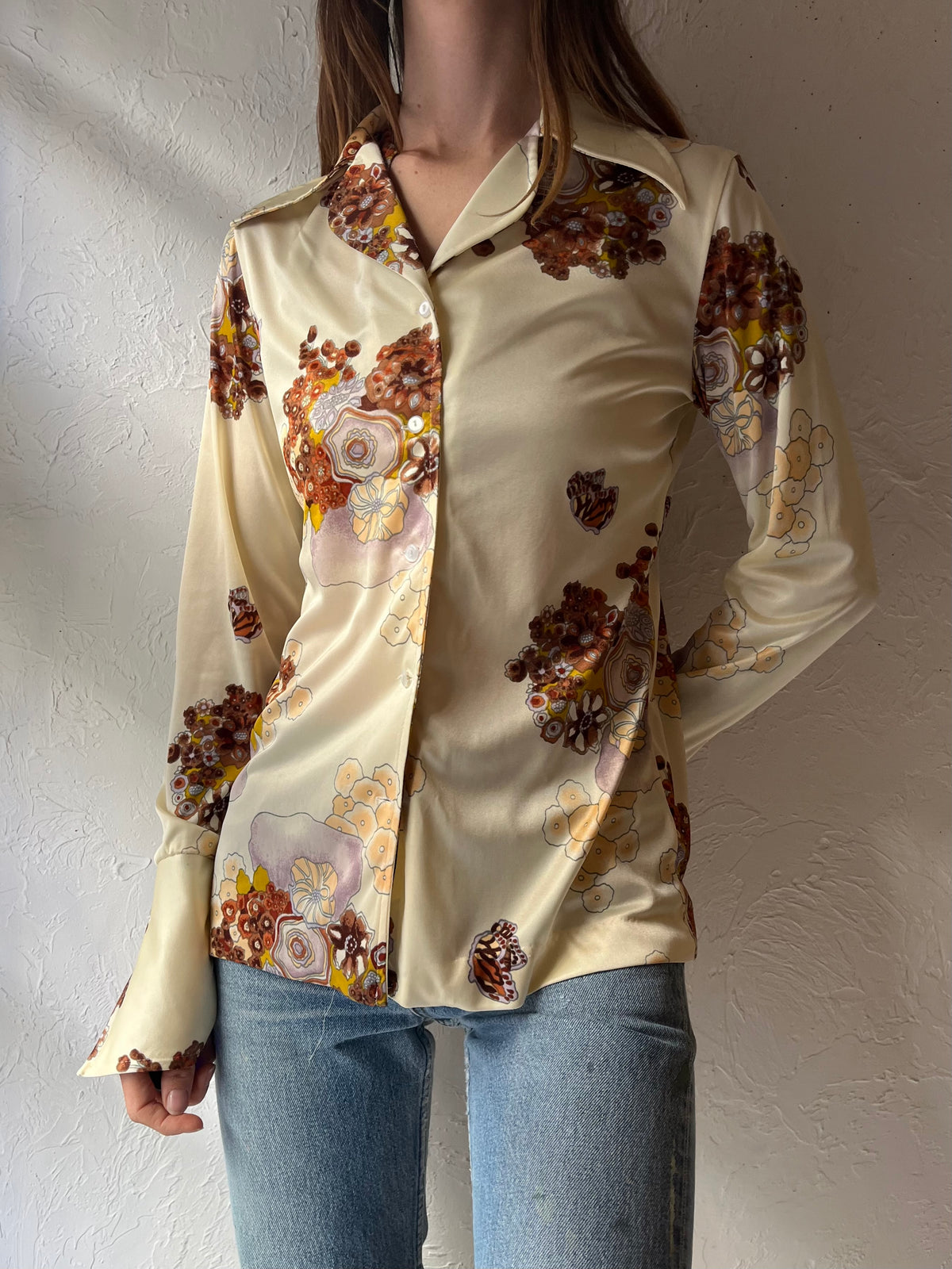 70s 'Marport' Floral Button Up Retro Blouse / Small