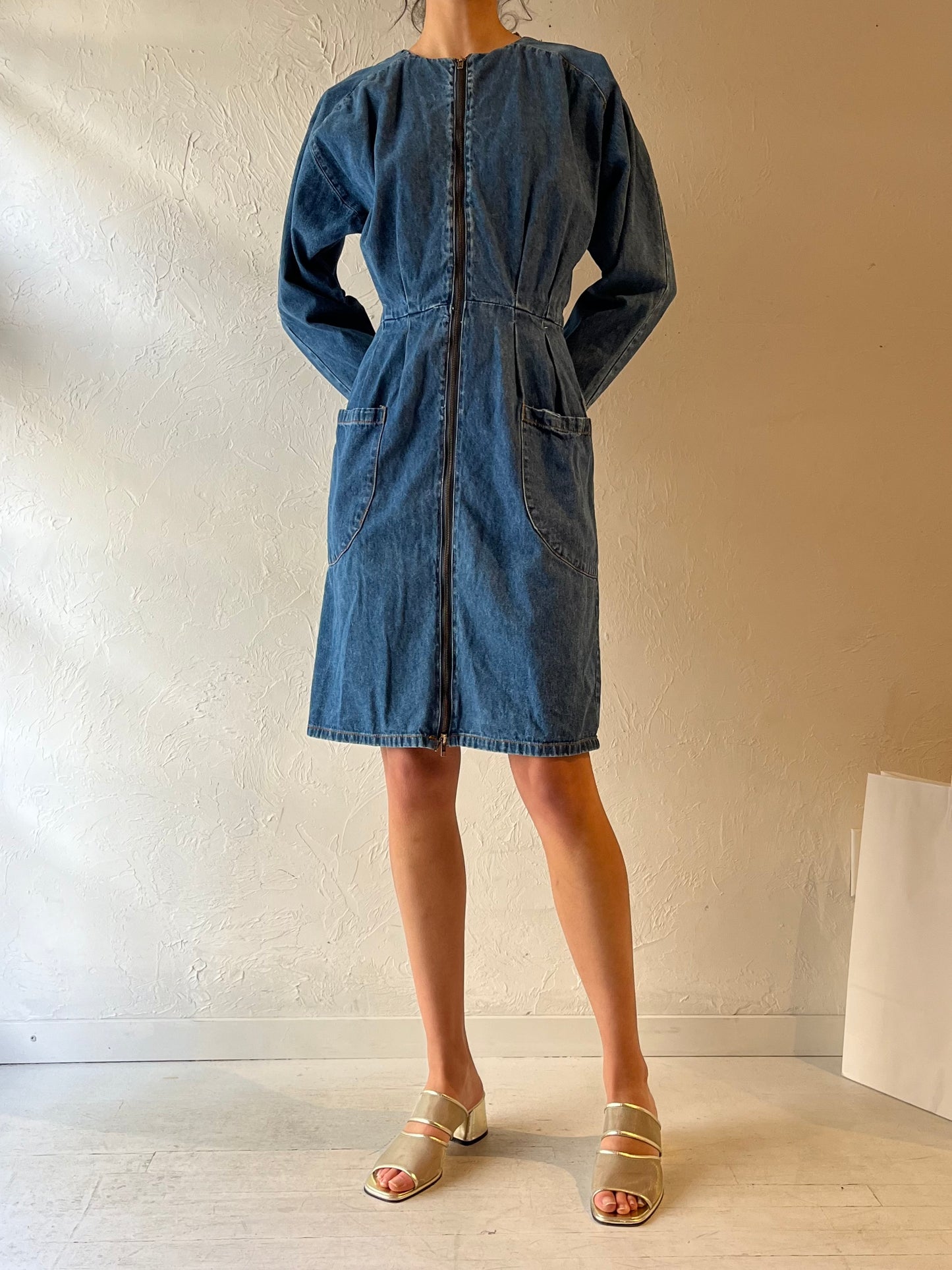 90s ‘CM’ Long Sleeve Denim Mini Dress / Medium