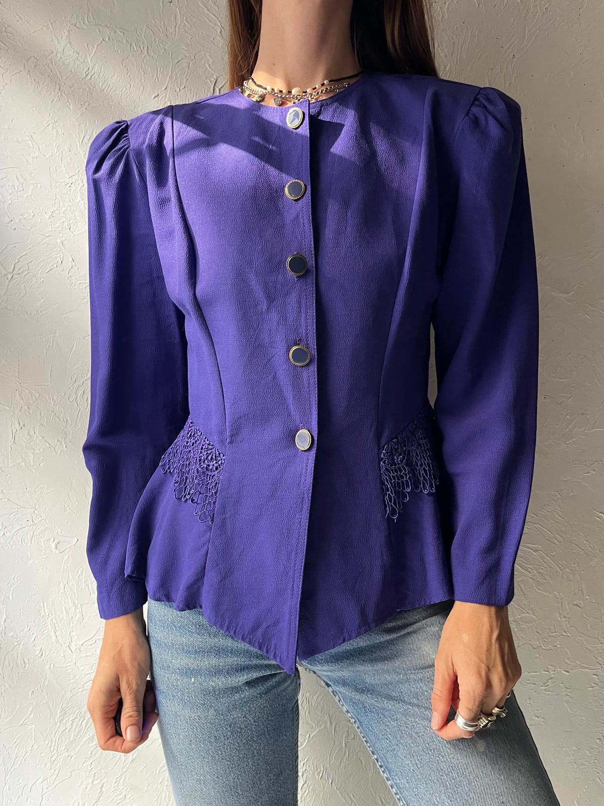 80s 'TC' Purple Long Sleeve Blouse Jacket / Small