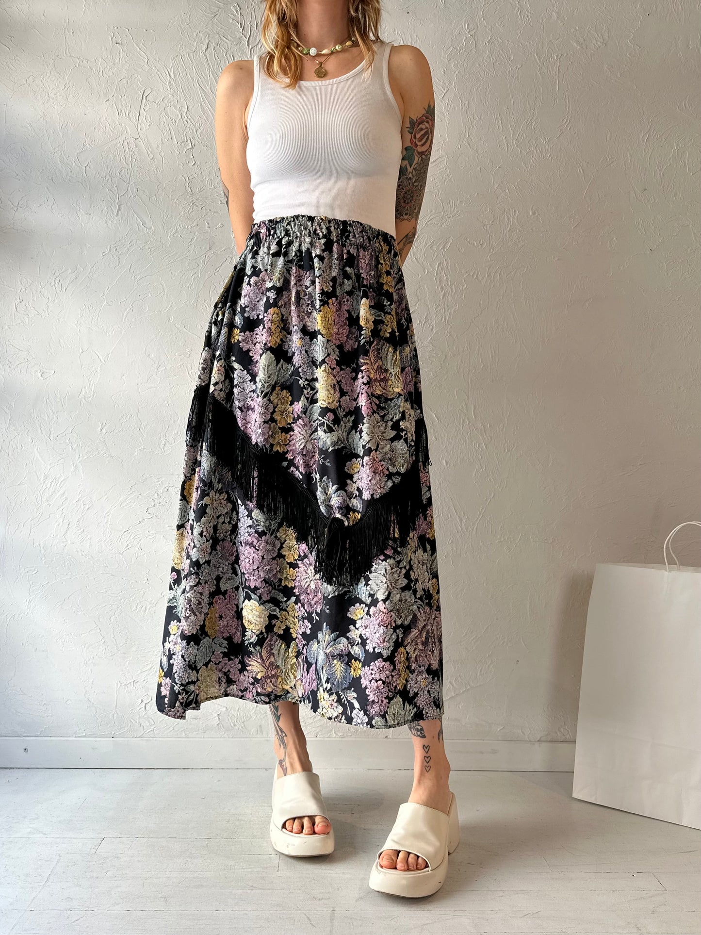 90s Floral Print Fringe Midi Skirt / Small - Medium