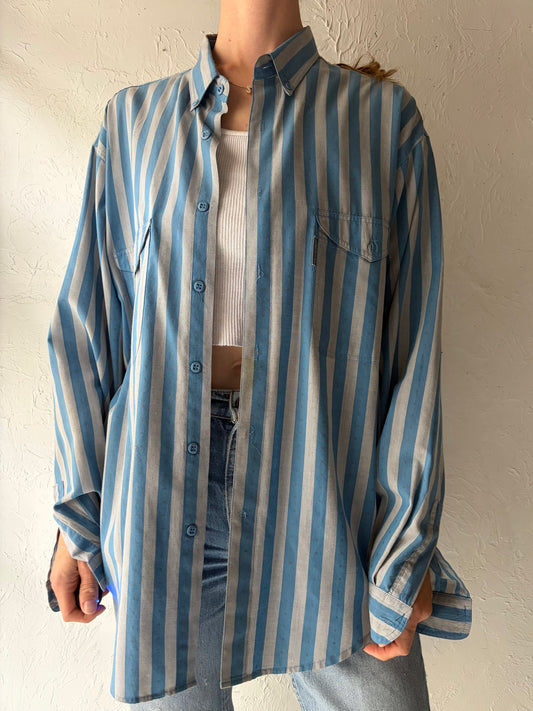 80s 'Levis' Blue Striped Button Up Shirt / Large