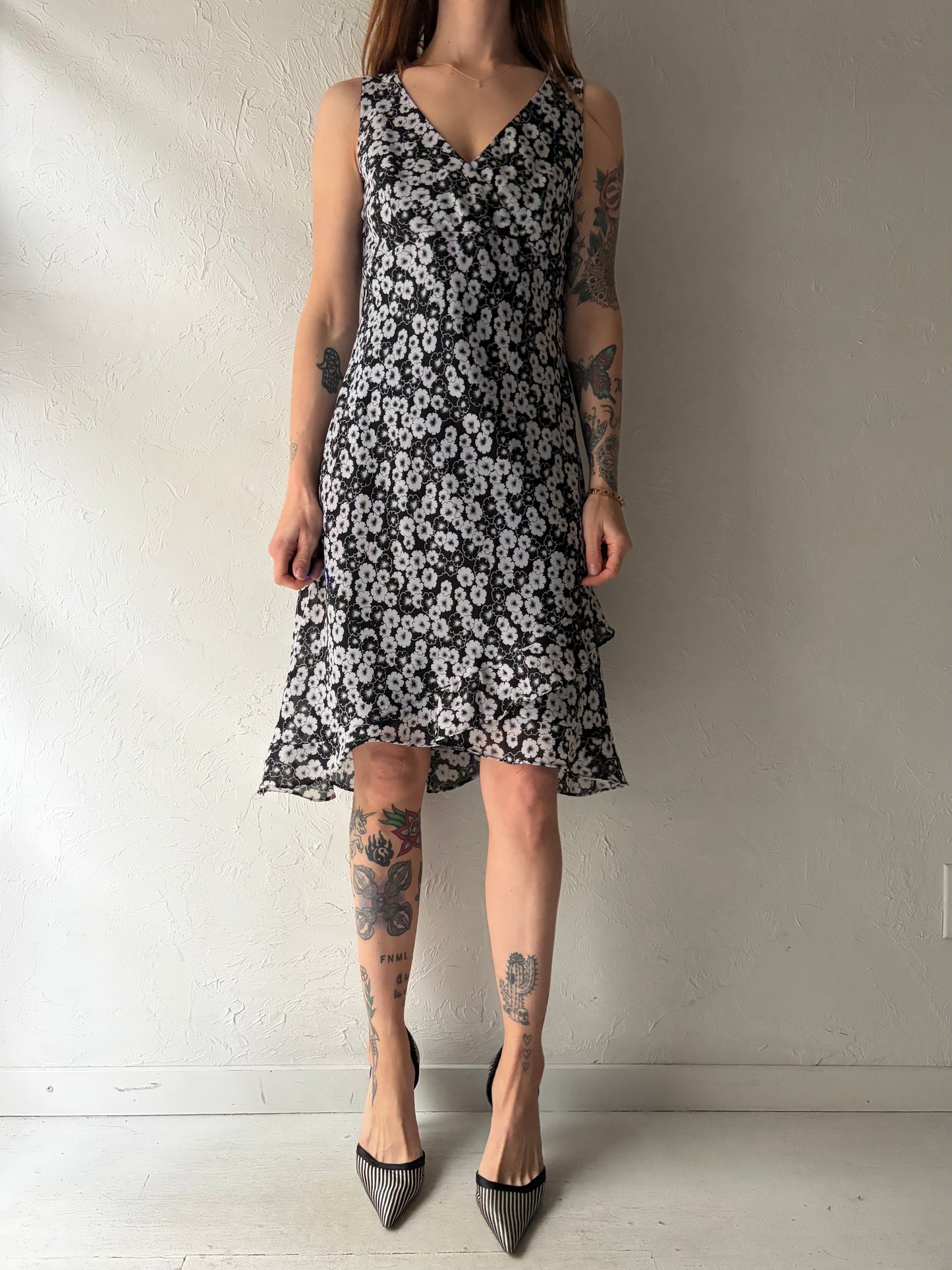80s 'Alyn Paige' Black & White Floral Midi Dress / Vintage 1980s Retro Summer Dress / Small