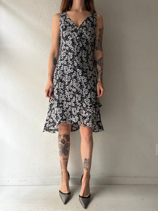 80s 'Alyn Paige' Black & White Floral Midi Dress / Vintage 1980s Retro Summer Dress / Small