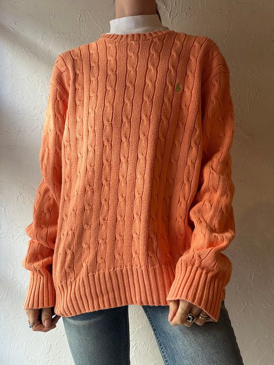 90s 'Ralph Lauren' Orange Cable Knit Cotton Sweater / Large