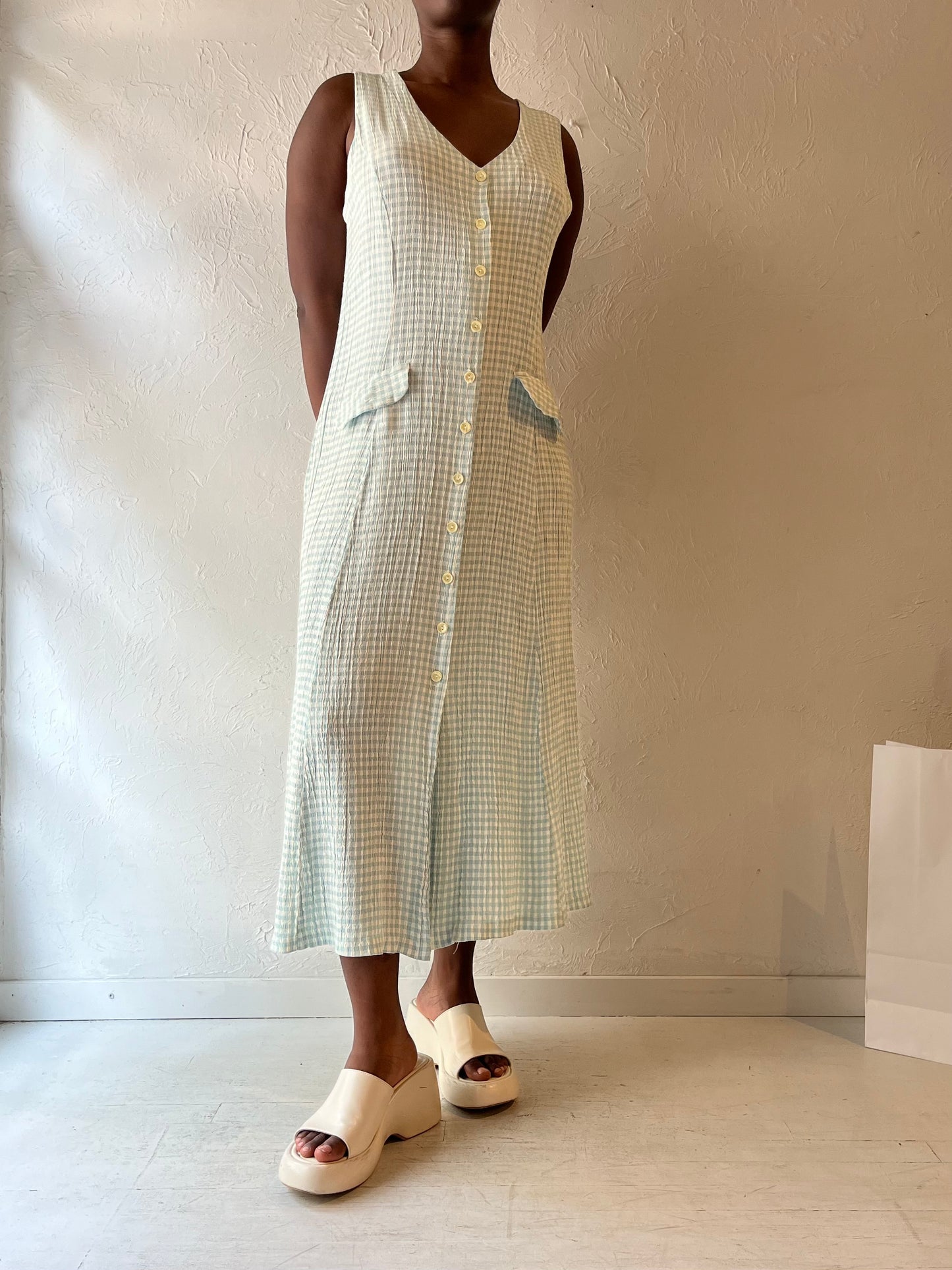 90s 'Clues' Sleeveless Gingham Dress / Medium