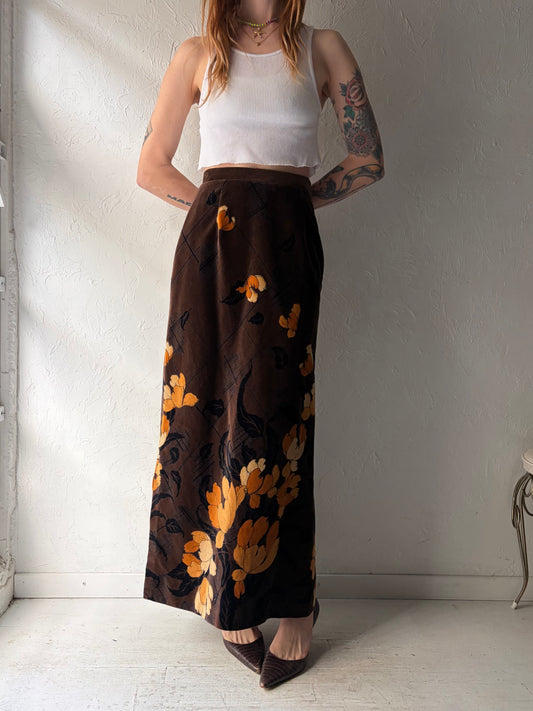 70s 'Tan Jay' Brown Velvet Floral Maxi Skirt / Small