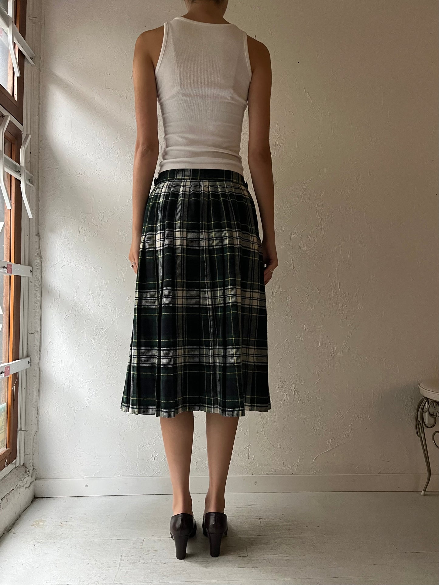 90s 'BHS' Pleated Plaid Wrap Skirt / Medium