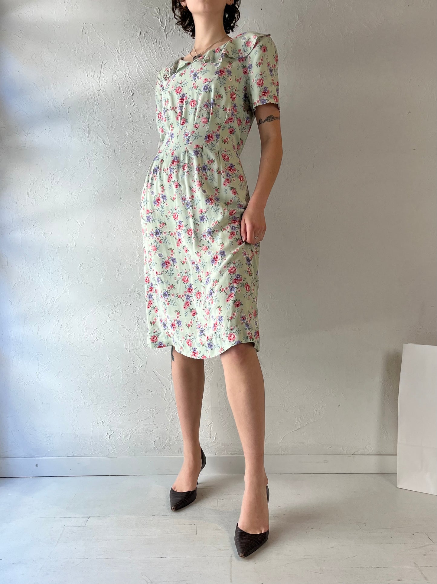 90s 'R&K' Green Floral Rayon Midi Dress / Large