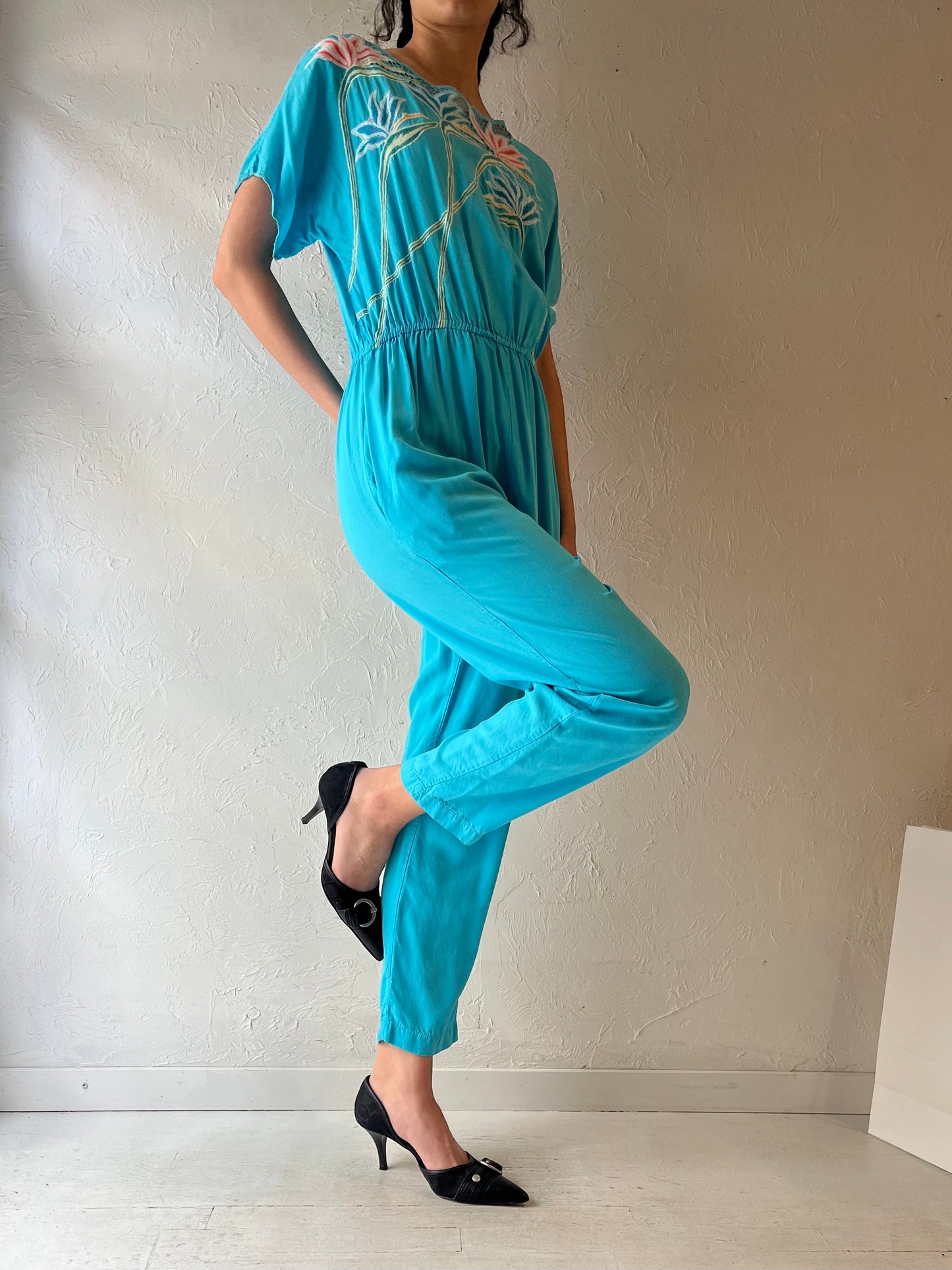 70s ‘Hibis’ Blue Crochet Jumpsuit / Small