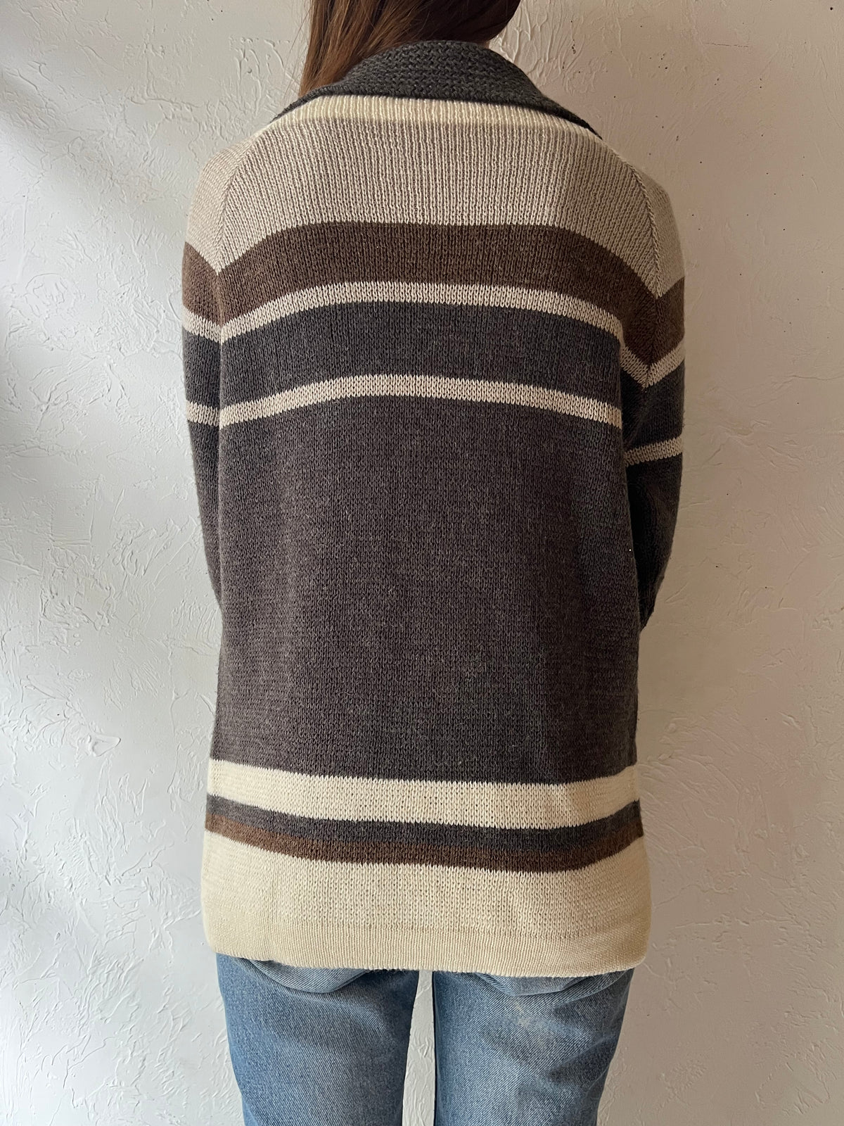 80s 'Vintage ‘White Ram’ Striped Zip-Up Cardigan Preppy Academia Knit Sweater / Large