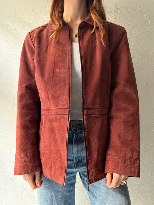 Y2k 'Jessica' Vintage Minimalist Burgundy Suede Leather Jacket / XL