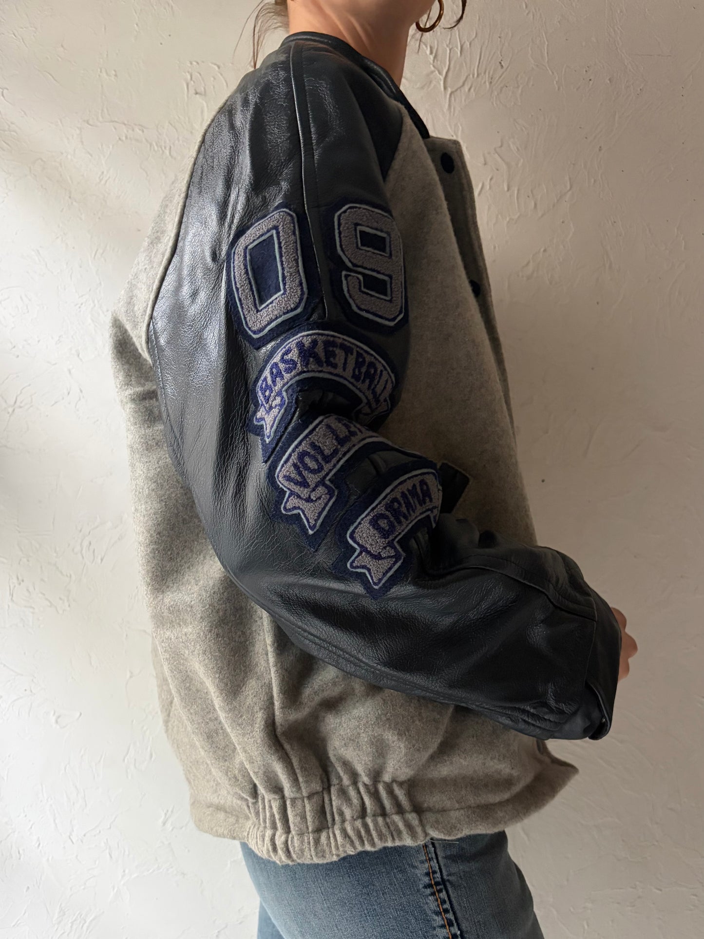 80s 'Prime Sports' Blue & Grey Retro Varsity Bomber Jacket / Medium