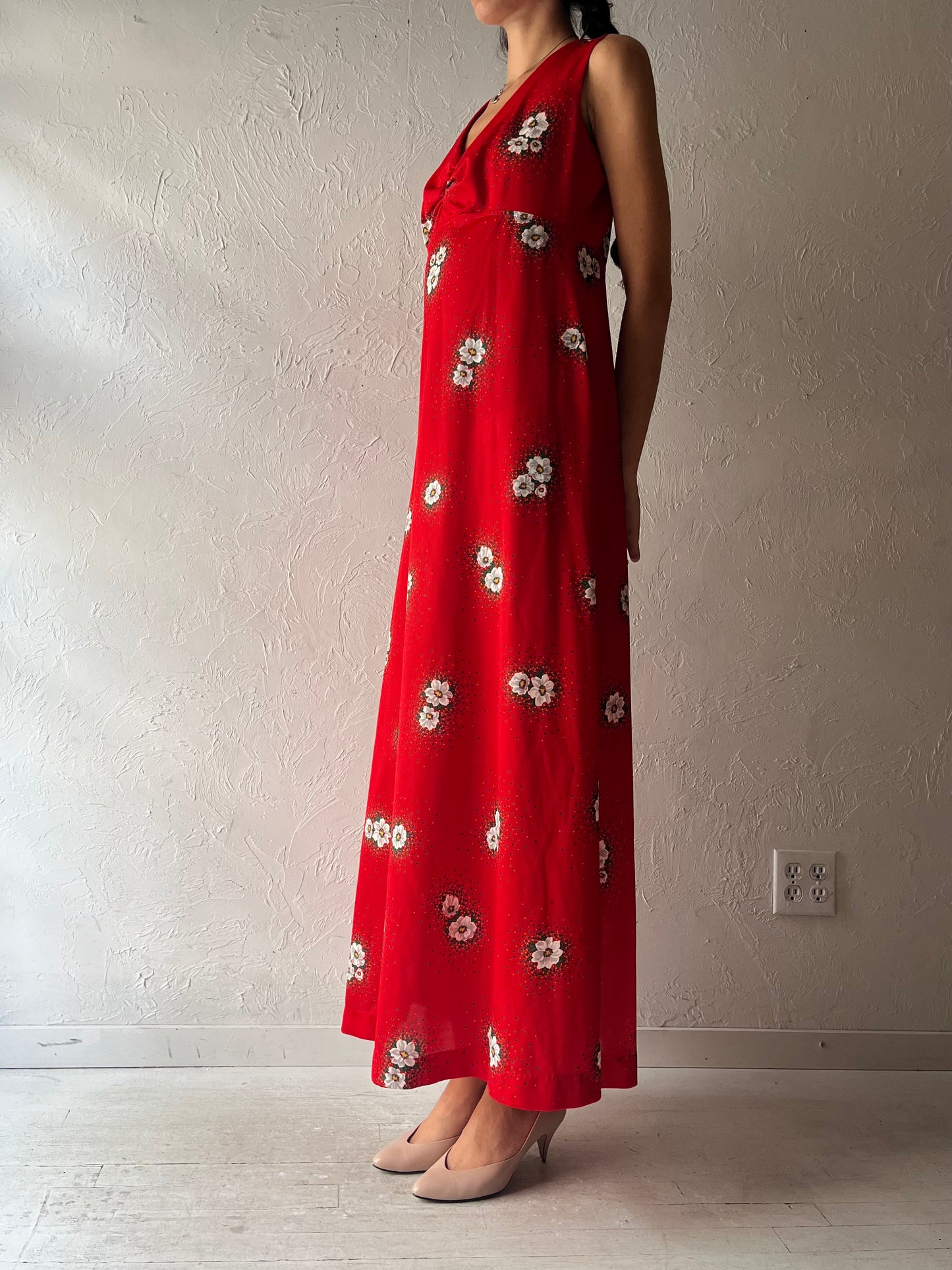 70s 'Wendy Lane' Red Foral Retro Maxi Dress / Medium