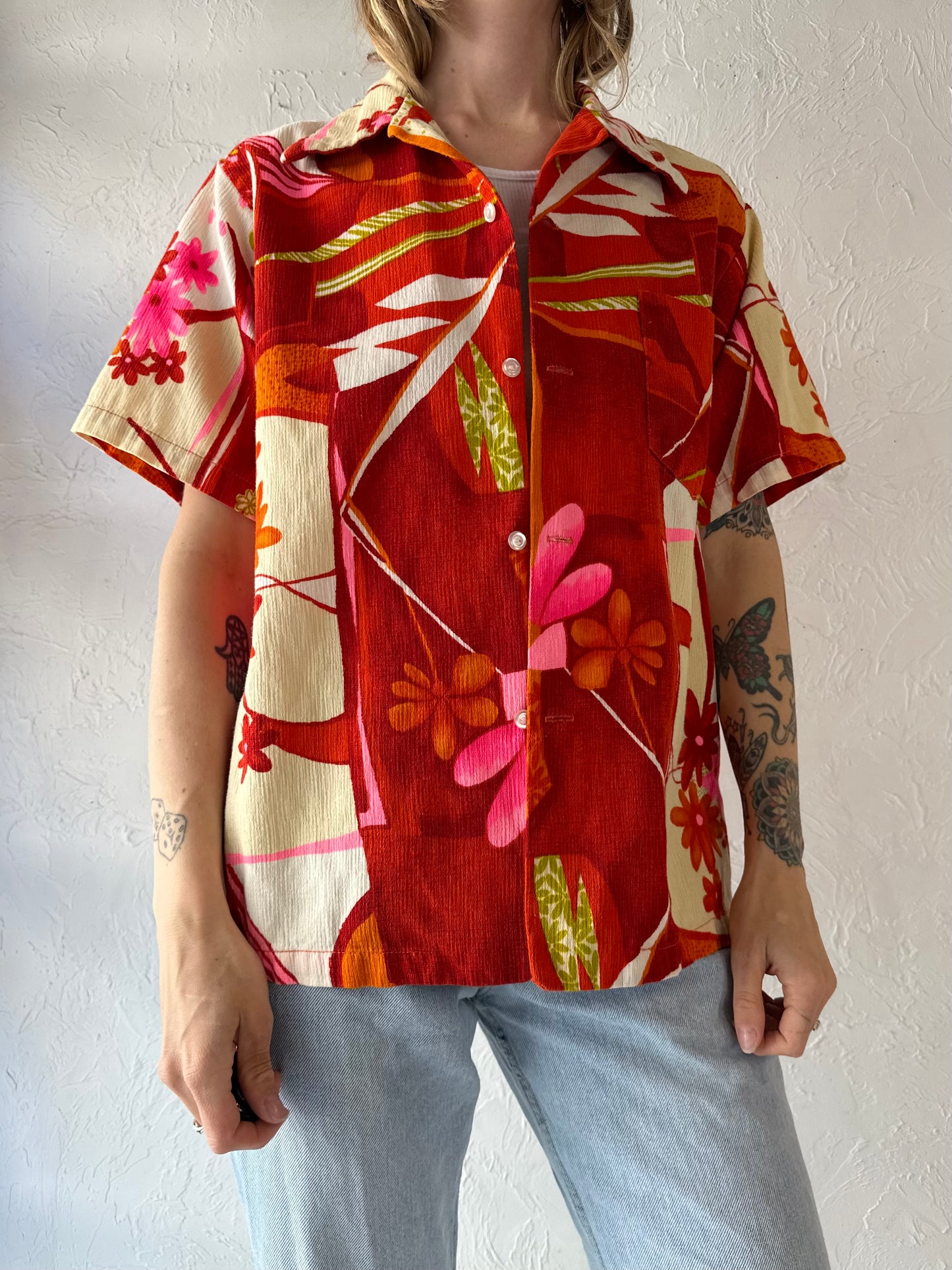 70s Red Cotton Hawaiian Shirt / Medium