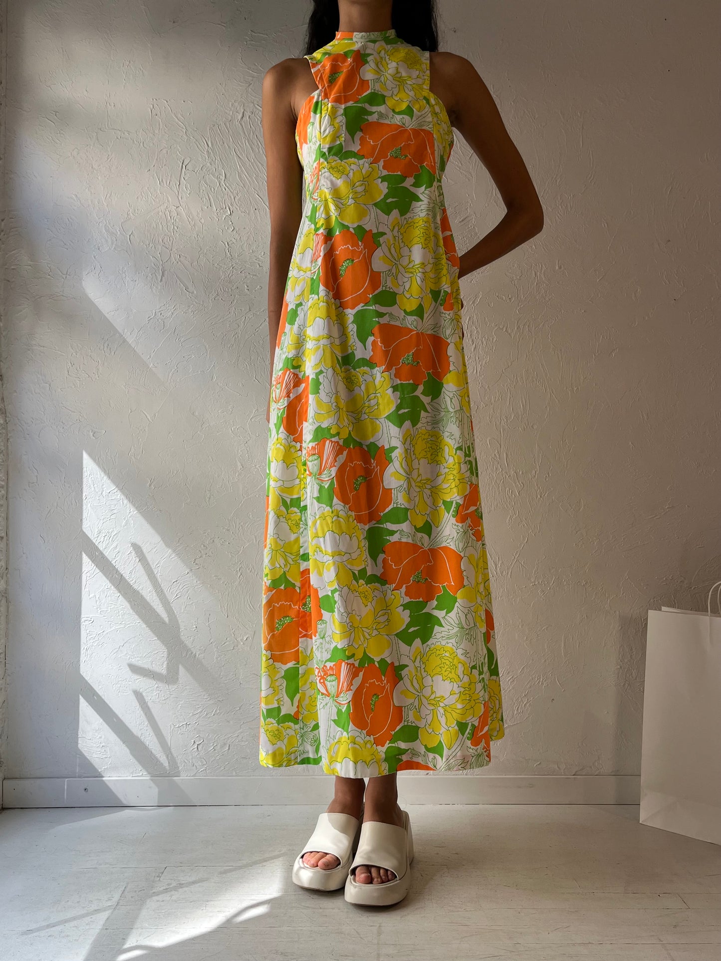 Vintage Handmade Retro Neon Floral Print Maxi Dress / Small