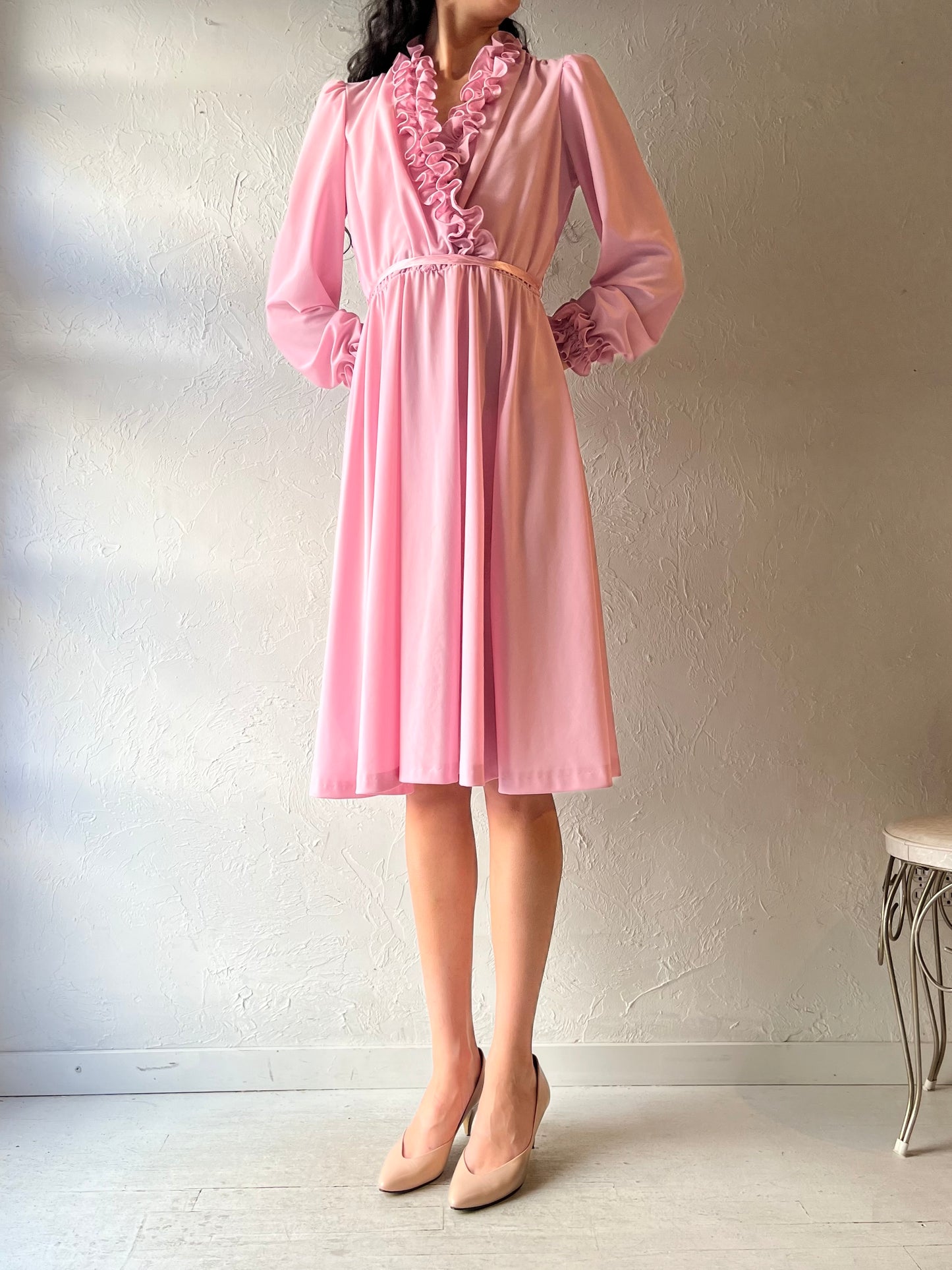 80s 'Lady Carol' Pink Ruffle Long Sleeve Dress / Medium